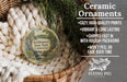Ceramic ornaments, specifically those shaped like the kettle town state park in Connecticut, are displayed in a basket. The text highlights the ornaments as "cozy, high-quality prints" and "vibrant and long lasting", with a description of their shipping speed and packaging. The image also includes a logo for "Flying Pig - SIGN COMPANY".