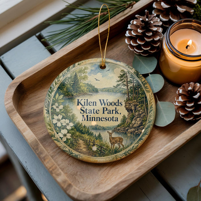 A decorative ornament featuring a scenic image of Kilen Woods State Park in Minnesota, with pine cones and a lit candle on a wooden tray.