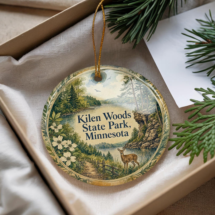 A decorative ornament with a scenic landscape of Kilen Woods State Park, Minnesota, featuring a deer in the foreground and a lake in the background.