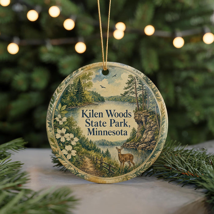 A circular ornament with a scenic landscape of Klen Woods State Park, Minnesota, featuring a deer, a lake, and a forest.