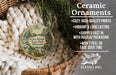 Ceramic ornaments, featuring a detailed image of Kilen Woods State Park in Minnesota, are displayed in a wicker basket. The text highlights the ornaments as "Cozy, High-quality prints" and "Vibrant & long lasting", with a description of their shipping speed and the fact that they won't peel or fade over time.