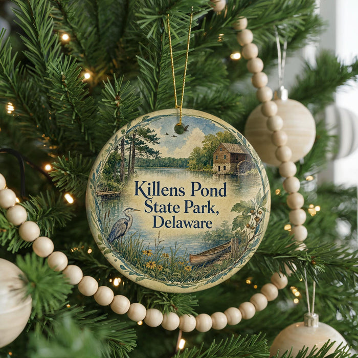 A round ornament on a Christmas tree, featuring a scenic image of Killens Pond State Park in Delaware.