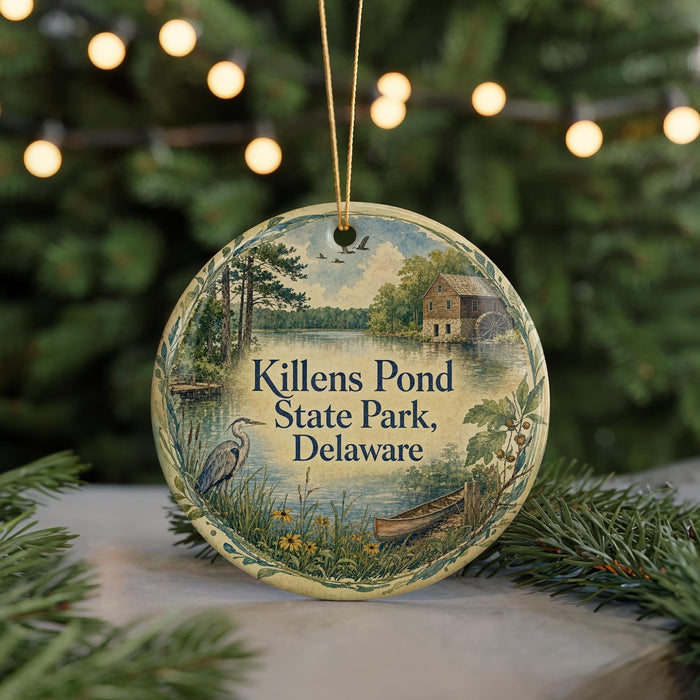 A round ornament with a painting of a pond and surrounding scenery, hanging from a string.