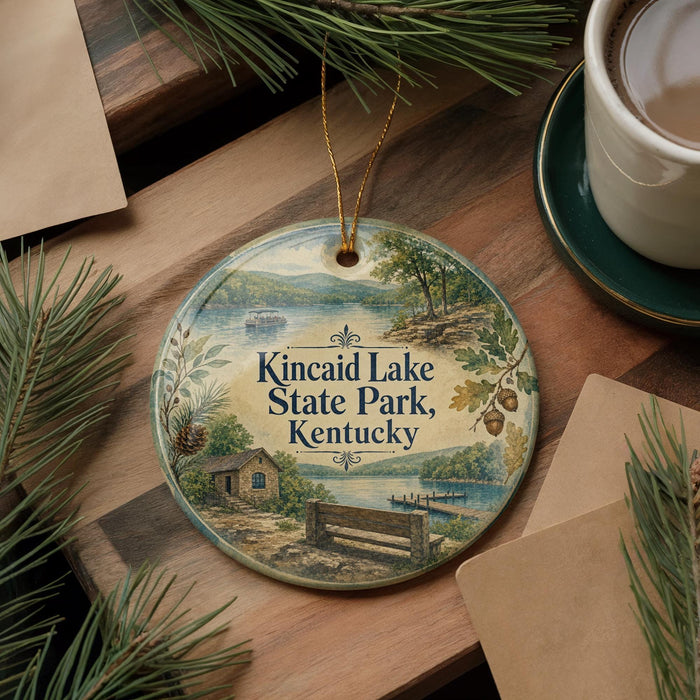 A decorative ornament featuring a scenic landscape of Kincaid Lake State Park, Kentucky, with a bench and pine trees in the foreground.