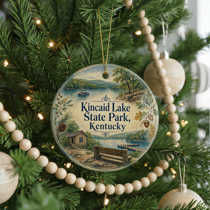 A round ornament hanging on a Christmas tree, featuring a scenic image of Kincaid Lake State Park, Kentucky.