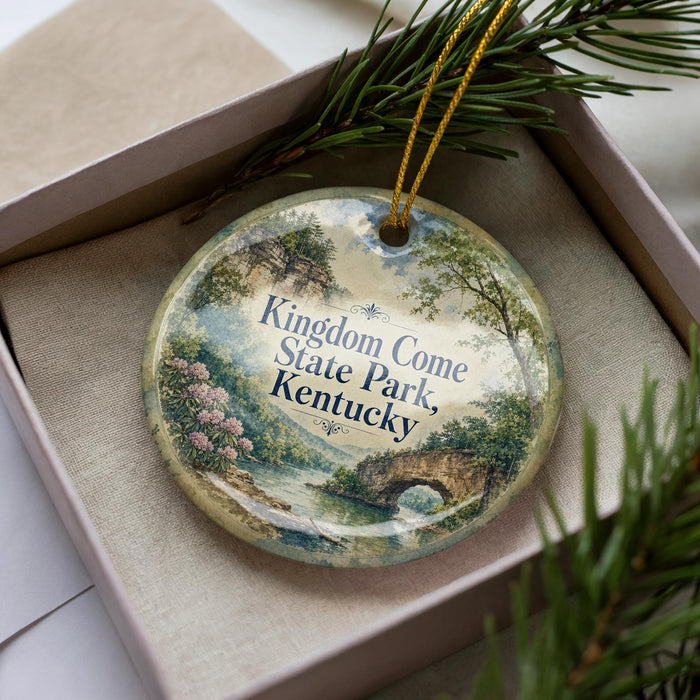 A decorative ornament in a box, featuring a scenic landscape with a bridge and trees, with the text "Kingdom Come State Park, Kentucky" printed on it.