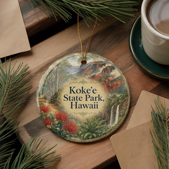 A circular ornament with a scenic image of a park, featuring a mountain landscape, pine trees, and red flowers, hangs on a wooden surface.