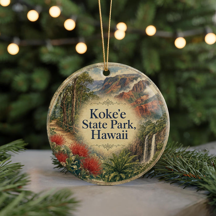 A circular ornament with a scenic image of Koke'e State Park in Hawaii, featuring a mountain landscape with waterfalls and pine trees.