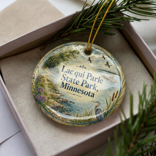 A decorative ornament with a scenic landscape of Lacquis Parle State Park, Minnesota, featuring a bird, water, and greenery.