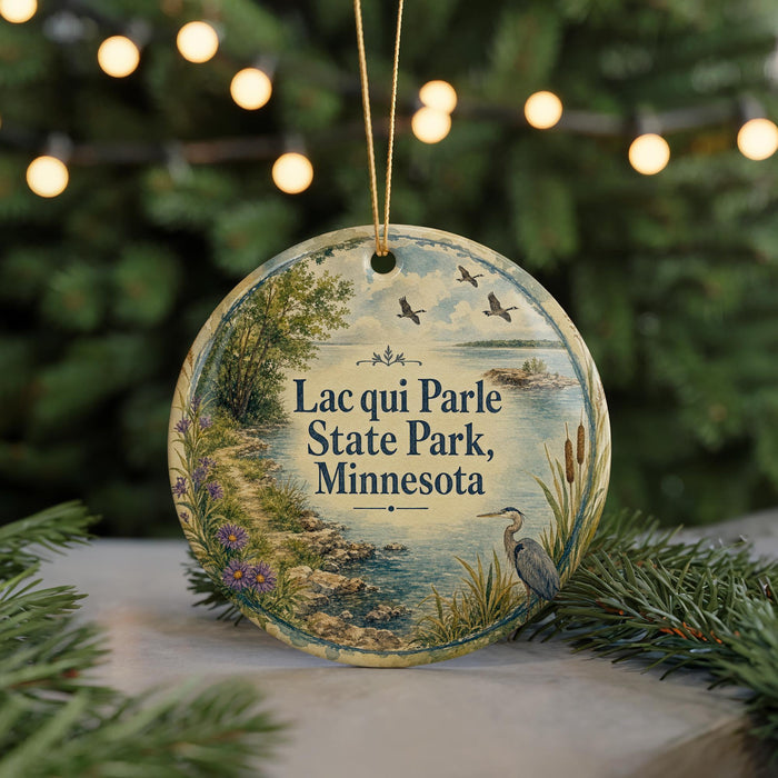 A circular ornament with a scenic landscape featuring a lake, trees, and birds, hanging from a string.