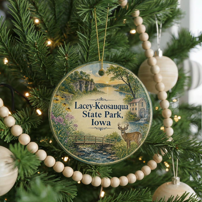 A round ornament hanging on a Christmas tree, featuring a scenic landscape with a bridge, trees, and a deer.