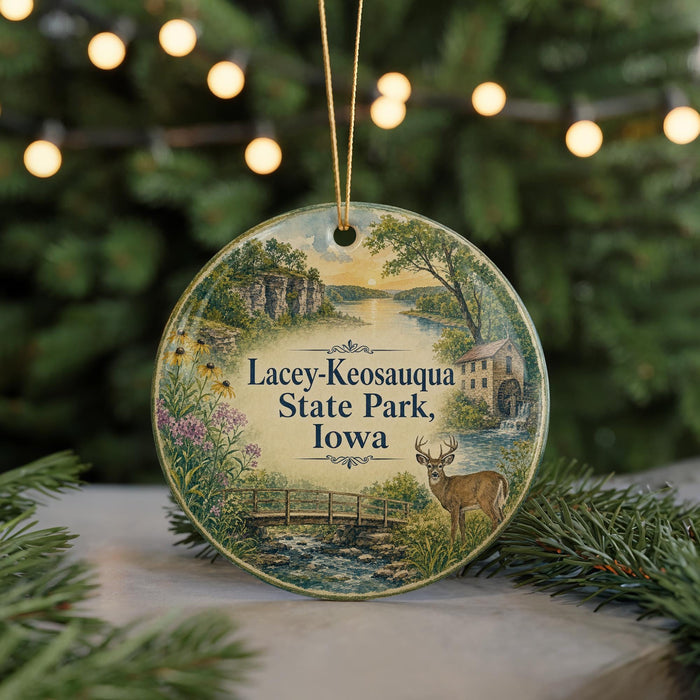 A round ornament with a scenic landscape featuring a river, bridge, and deer, hanging from a string.