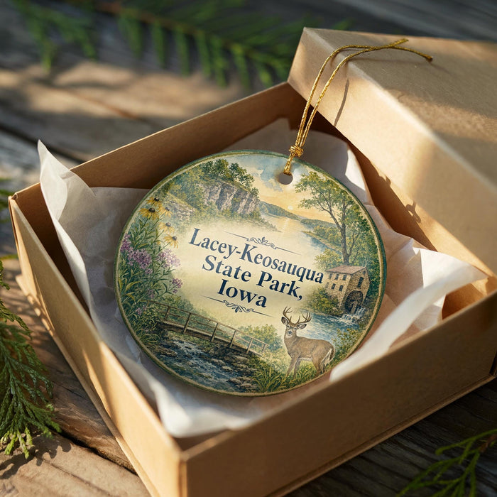 A round ornament in a box, featuring a scenic landscape with a river, trees, and a deer.