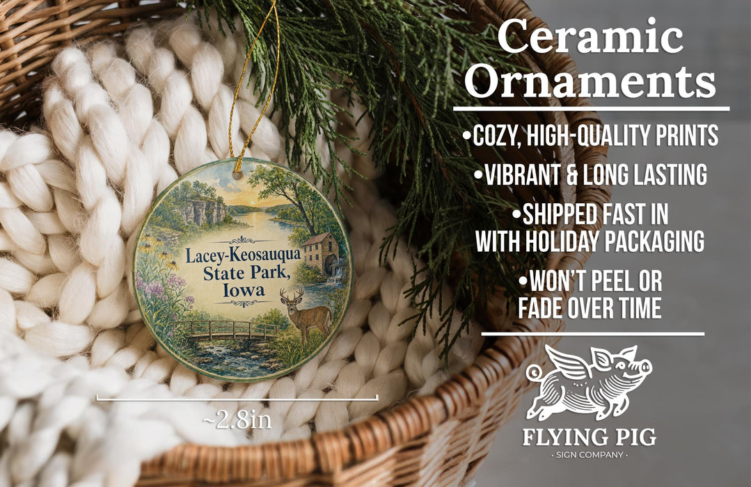 Ceramic ornaments, featuring a deer and a bridge, are displayed in a basket with greenery.