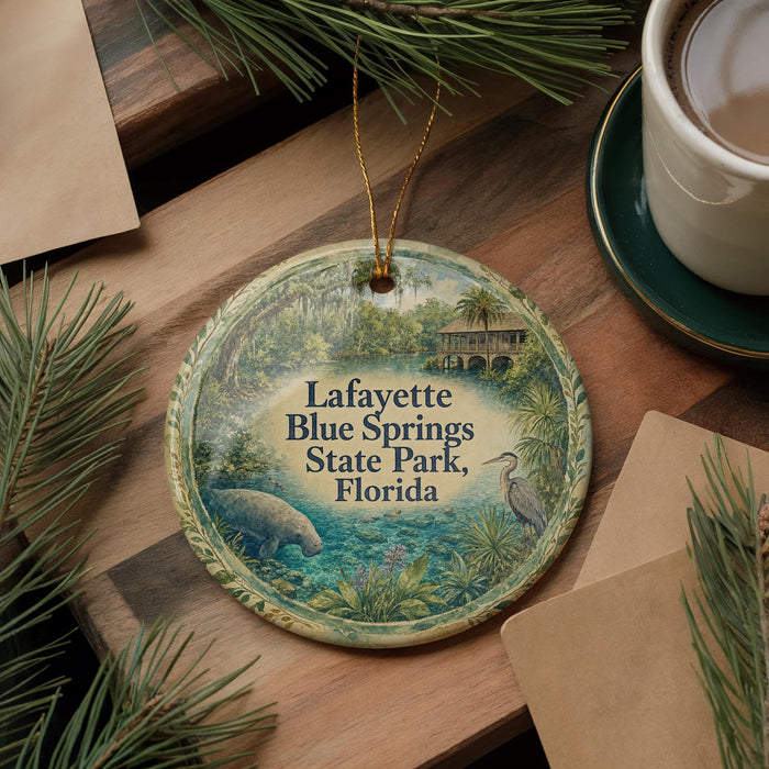 A circular ornament with a tropical scene depicting a manatee and palm trees, surrounded by greenery, hangs on a wooden surface.