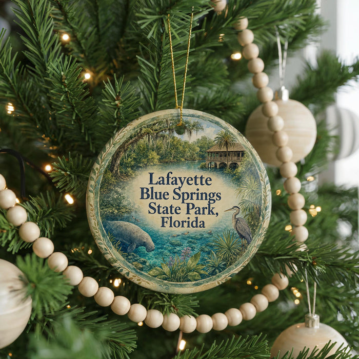 A round ornament hanging on a Christmas tree, featuring a scenic image of a manatee and a house surrounded by palm trees.