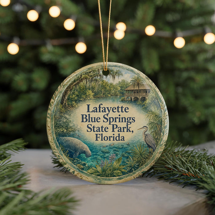 A circular ornament featuring a scenic image of the Blue Springs State Park in Florida, with a manatee and a bird in the foreground.