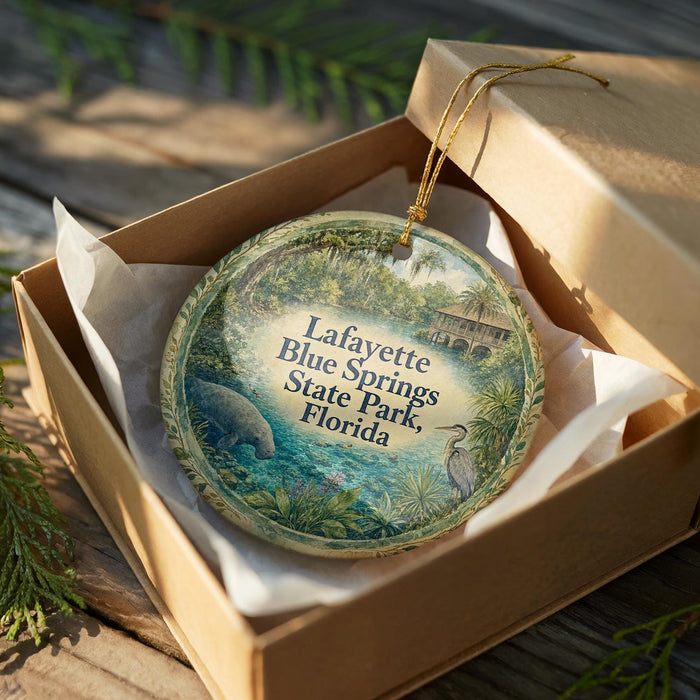 A decorative ornament in a box, featuring an illustration of a manatee and the text "Lafayette Blue Springs State Park, Florida".