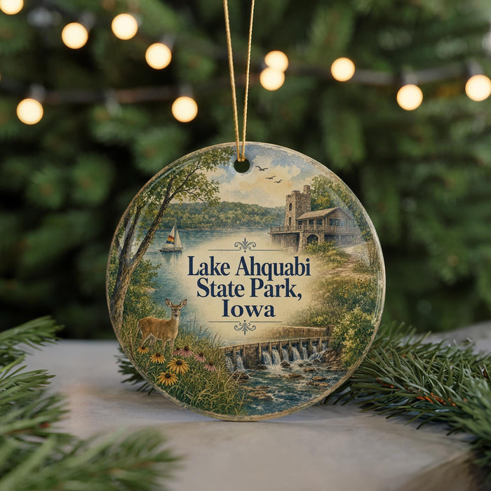 A round ornament featuring a scenic landscape of Lake Ahwatukee State Park, Iowa, with a deer, a bridge, and a waterfall.
