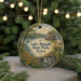 A round ornament featuring a scenic landscape of Lake Ahwatukee State Park, Iowa, with a deer, a bridge, and a waterfall.