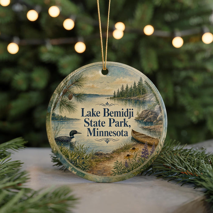 A round ornament with a scenic lake and forest landscape, featuring a bird and canoe, is displayed in front of a blurred background with Christmas lights.