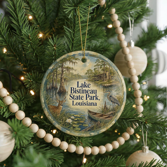 A round ornament hanging on a Christmas tree, featuring a scenic image of Lake Bistaineau State Park in Louisiana.