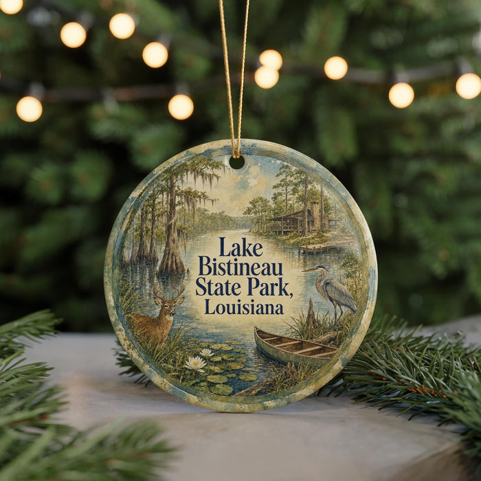 A circular ornament featuring a scenic image of Lake Bistaineau State Park in Louisiana, with a deer, a bird, and a boat in the water.