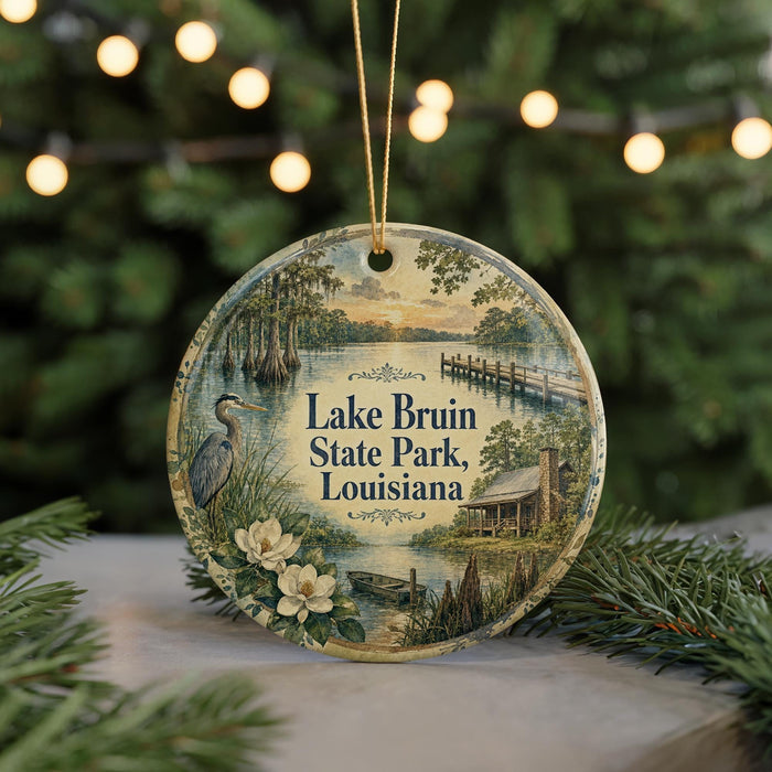 A decorative ornament featuring a scenic image of Lake Bruin State Park in Louisiana, with a bird and flowers in the foreground.