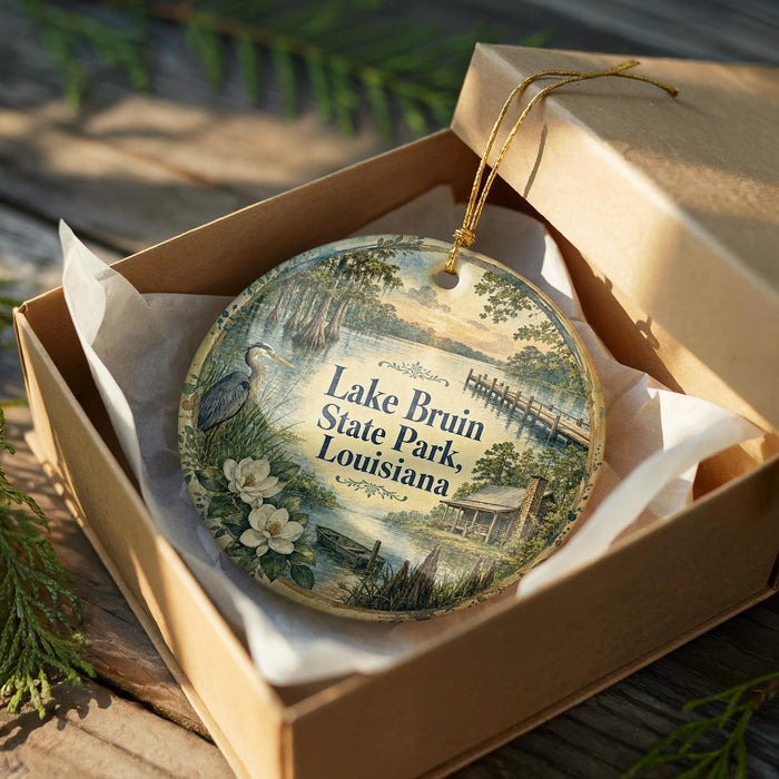 A decorative ornament in a wooden box, featuring a scenic image of Lake Bruin State Park in Louisiana.