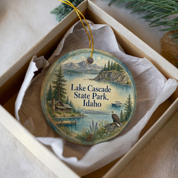 A decorative ornament in a box, featuring a scenic landscape with a lake, mountains, and a cabin, along with a bird perched on a rock.