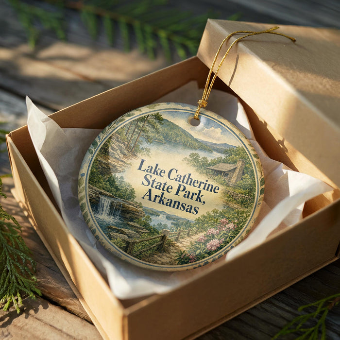 A decorative ornament in a box, featuring a scenic landscape with a lake, trees, and a waterfall.