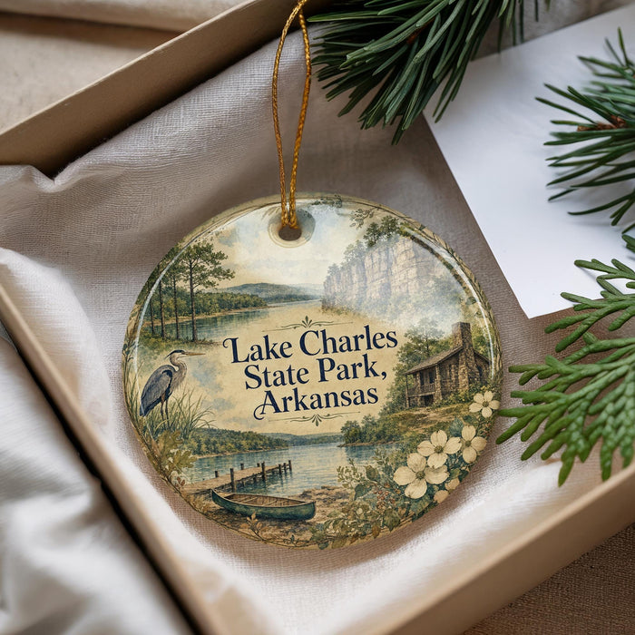 A decorative ornament with a scenic landscape of Lake Charles State Park, Arkansas, featuring a bird, a dock, and a house, hanging from a string.