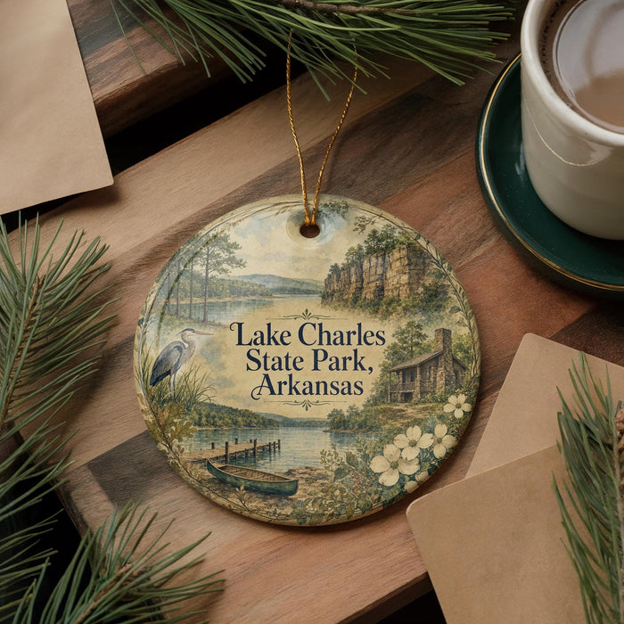 A decorative ornament featuring a scenic landscape of Lake Charles State Park in Arkansas, with a boat on the water and a cabin in the background. The ornament is hanging from a string and is placed on a wooden surface, surrounded by pine branches and a cup of coffee.