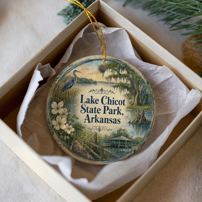 A decorative ornament in a box, featuring a scenic image of Lake Chico State Park in Arkansas.
