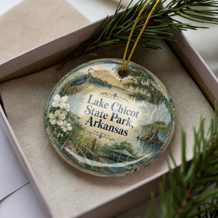 A decorative ornament in a box, featuring a scenic image of Lake Chico State Park, Arkansas.