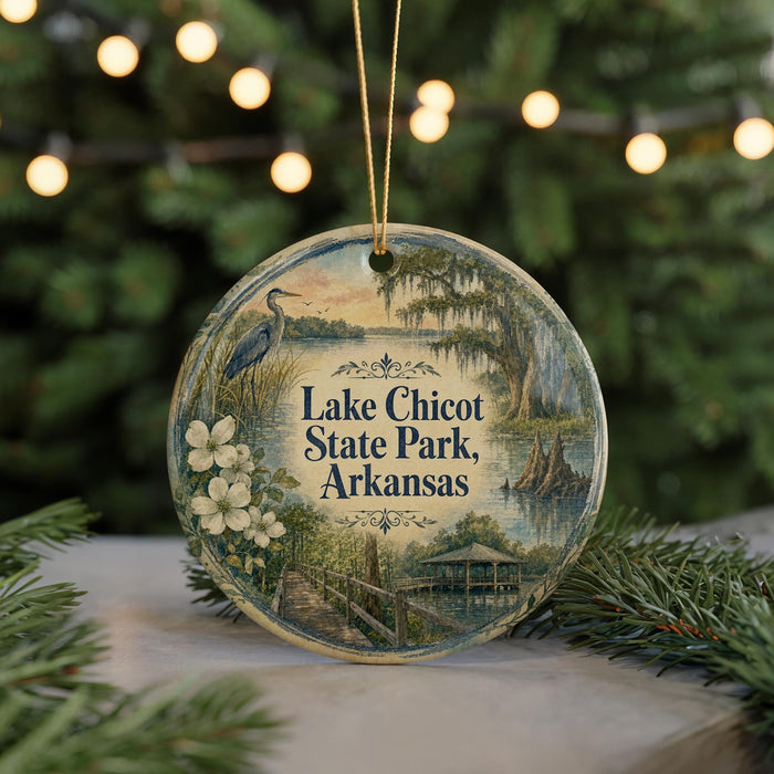 A circular ornament with a scenic image of Lake Chicot State Park, Arkansas, featuring a bird, flowers, and a wooden bridge.