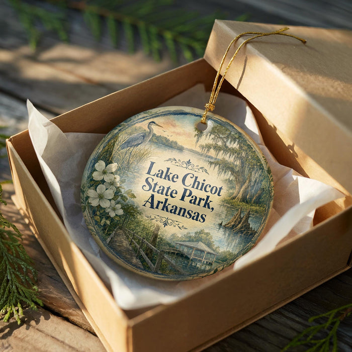 A decorative ornament in a wooden box, featuring a scenic landscape with a lake, trees, and a bird, along with the text "Lake Chicot State Park, Arkansas".