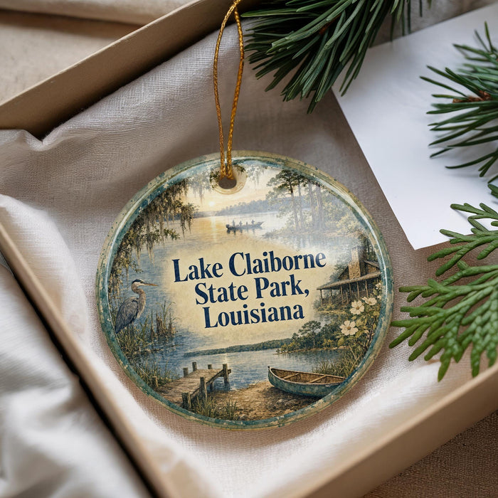 A decorative ornament with a scenic image of Lake Claiborne State Park in Louisiana, featuring a lake, a boat, and a bird.