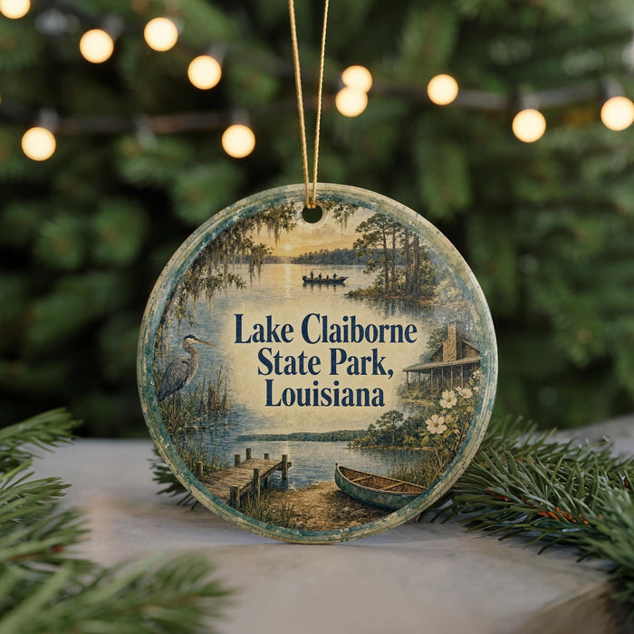 A circular ornament with a painting of Lake Claiborne State Park in Louisiana, featuring a boat, a bird, and a dock.