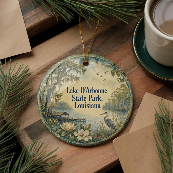 A decorative ornament with a scenic image of Lake D'Arbonne State Park in Louisiana, featuring a bird, flowers, and a pond.