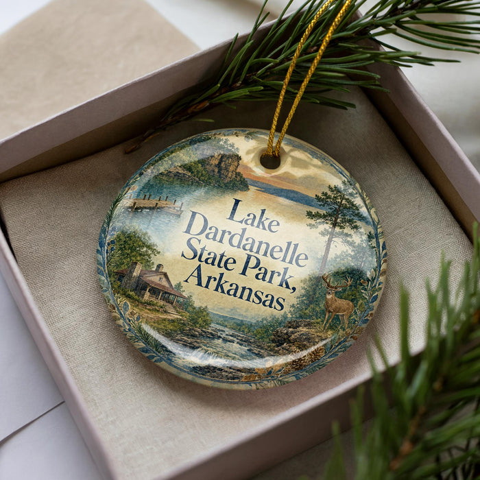 A decorative ornament with a scenic landscape of Lake Dardanelle State Park in Arkansas, featuring a deer and a house, is displayed in a box with pine branches.