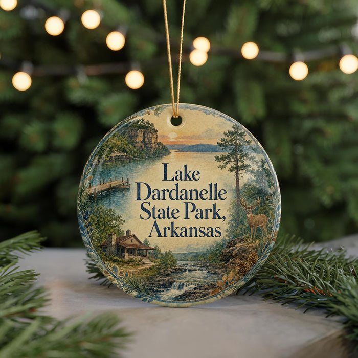 A round ornament with a scenic landscape of Lake Dardanelle State Park, Arkansas, featuring a cabin, trees, and a waterfall.