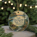 A round ornament with a scenic landscape of Lake Dardanelle State Park, Arkansas, featuring a cabin, trees, and a waterfall.