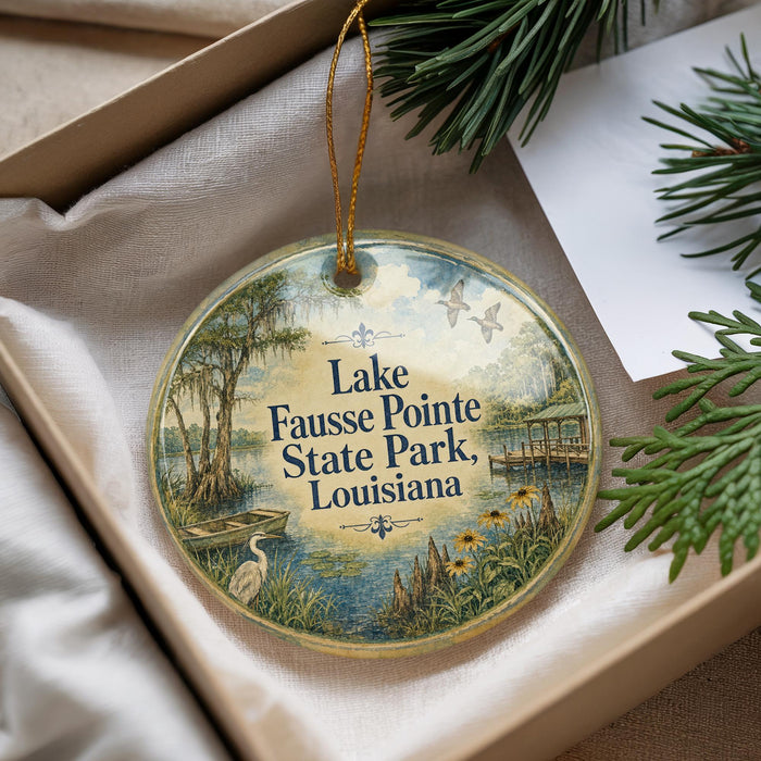 A decorative ornament with a lake, trees, and birds, featuring the text "Lake Fausse Pointe State Park, Louisiana" on it.