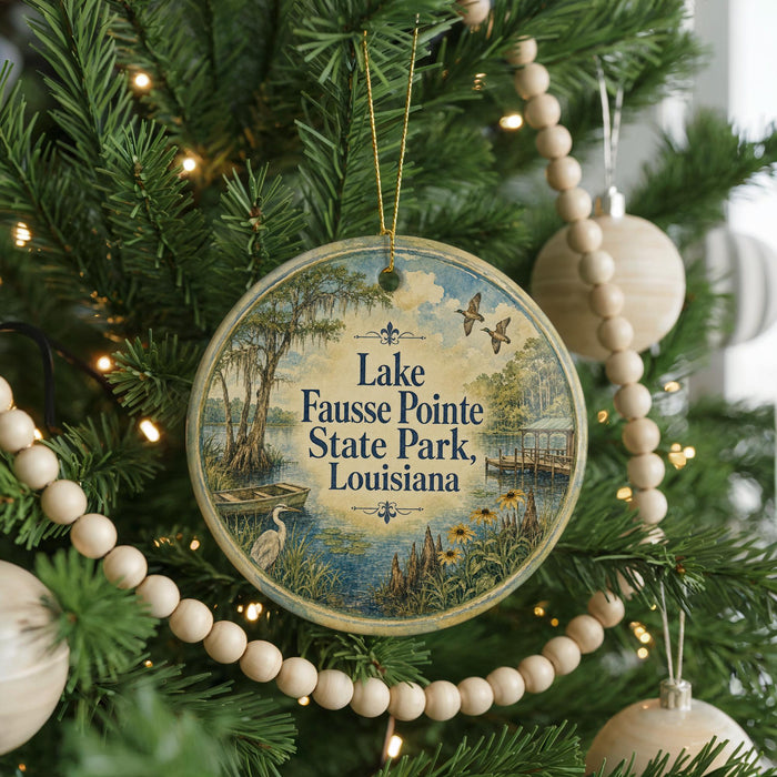 A round ornament hanging on a Christmas tree, featuring a scenic image of Lake Fausse Pointe State Park in Louisiana.