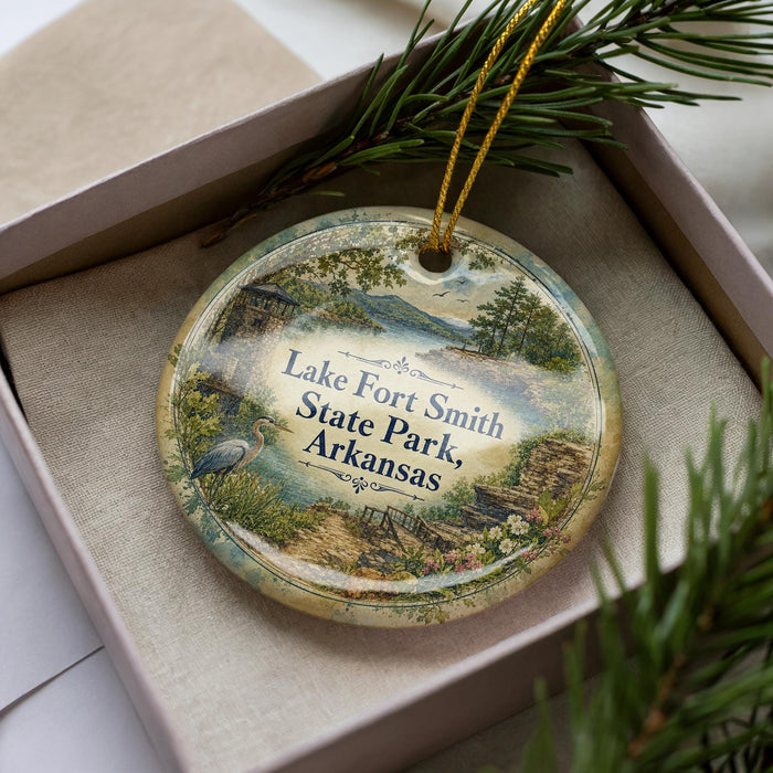 A decorative ornament in a box, featuring a scenic landscape with a lake, trees, and a bird.