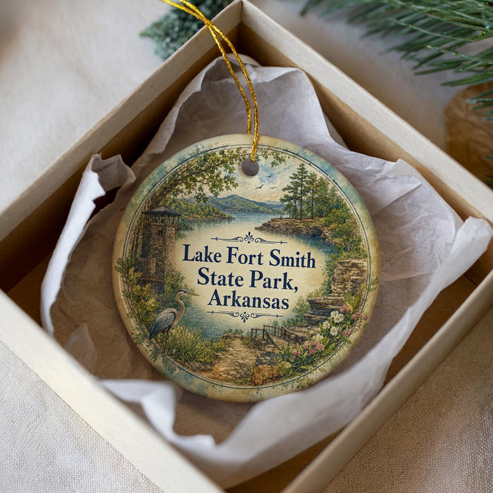 A decorative ornament in a box, featuring a scenic landscape with a lake, forest, and mountains.