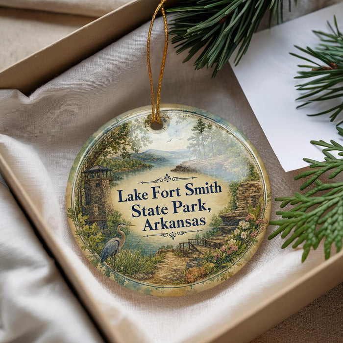 A decorative ornament with a scenic landscape of Lake Fort Smith State Park, Arkansas, featuring a bird and a path leading to a lake.