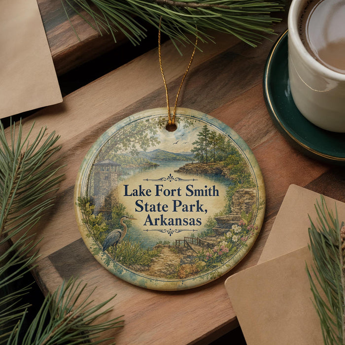 A decorative ornament featuring a scenic landscape of Lake Fort Smith State Park, Arkansas, with pine branches and pine needles surrounding it.