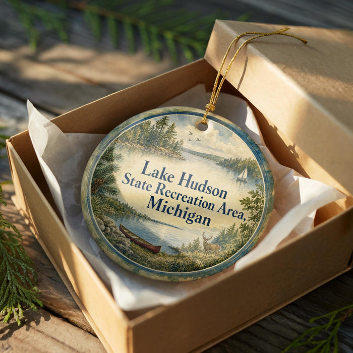 A round ornament in a box, featuring a scenic landscape with a lake, trees, and a canoe, with the text "Lake Hudson State Recreation Area, Michigan" printed on it.